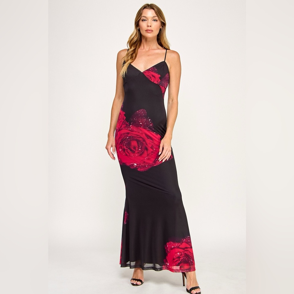 Elegant Black and Red Floral Maxi Dress